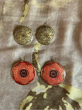 Two  Decorative Round  Drop Earrings.  Disc shape